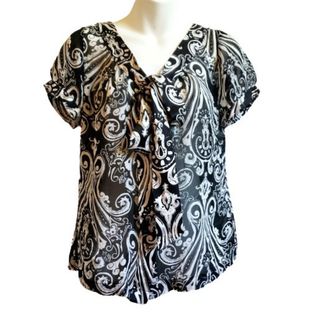 WHBM Black and White Silk Top